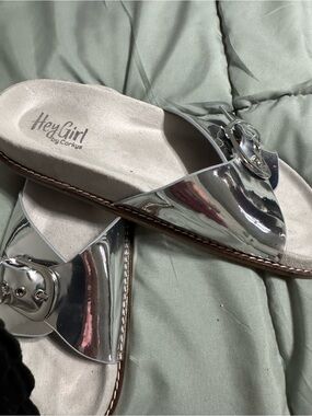 Hey Girl by Corkys Metallic Silver Buckle Toe-Post Sandals